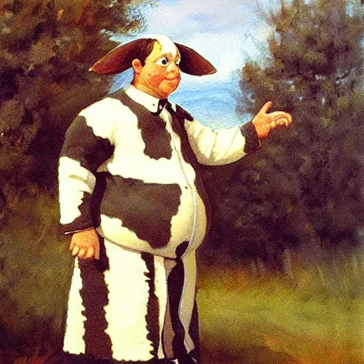 Image similar to painting by zorn, cow, dressed, anthropomorphic!!, wearing!!! clothes!!!, standing next to royal castle!!!