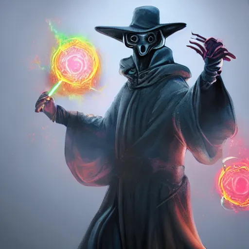 Prompt: wizard plague doctor, Casting a multi colored spell, highly detailed, concept art, D&D, Fantasy, Digital Painting, sharp focus, dynamic, lighting, 4k, by Viktor Antonov