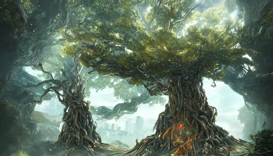 Image similar to ben lo illustration of colossal ash tree, bioshock concept art, solarpunk, colorful, unreal engine, hyper realism, realistic shading, cinematic composition, realistic render, octane render, detailed textures, photorealistic, wide shot