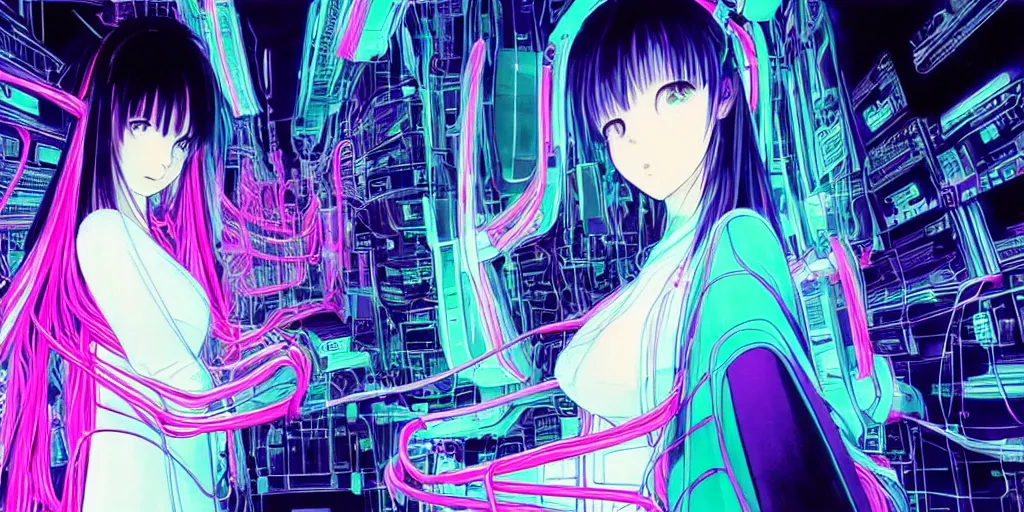 Image similar to “Wide low angle portrait of beautiful woman in silk poncho, backgrouns - big and structured control base with sci-fi futuristic monitor computers strong green glow. Blue and pink colors Mainframe full of cables on the background. Manga BLAME! by Tsutomu Nihei, 2002 year”