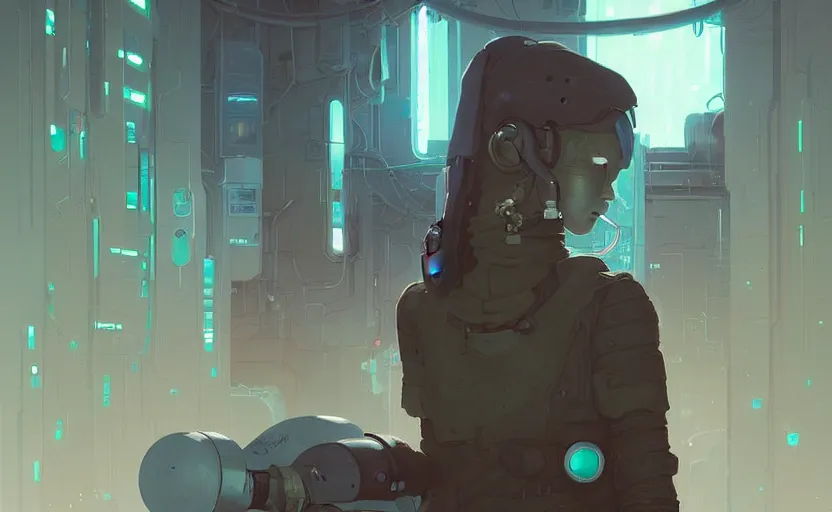 Prompt: portrait of cyberpunk elf engineer by atey ghailan, by greg rutkowski, by simon stalenhag, by greg tocchini, by james gilleard, by joe fenton, by kaethe butcher dynamic lighting, gradient light blue, brown, blonde cream and white color scheme, grunge aesthetic