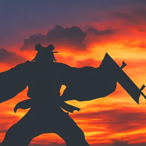 Image similar to silhouette of a samurai facing off against the predator in a surreal sunset landscape