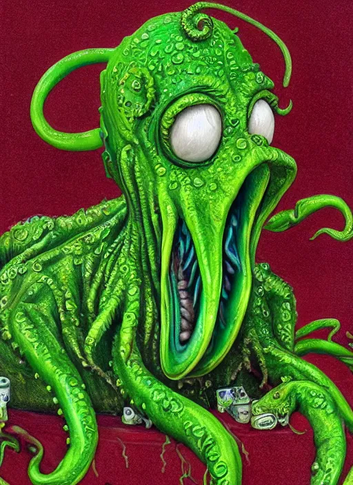 Image similar to portrait of a Cthulhu kermit the frog in Society (1989), intricate, highly detailed, centered, gradient background, digital painting, artstation, concept art, smooth, sharp focus, illustration, artgerm, donato giancola, Joseph Christian Leyendecker, WLOP, Artgerm