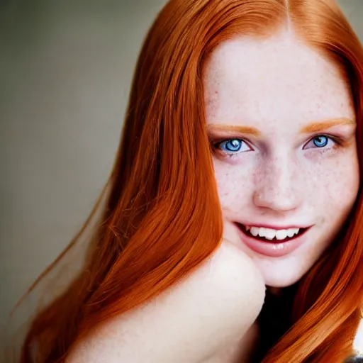 Prompt: a beautiful professional photograph by mario testino of a beautiful and attractive freckled ginger female 1 9 years old fashion model with her smiling and looking at the camera in a flirtatious way, shot, zeiss 5 0 mm f 1. 8 lens with depth of field