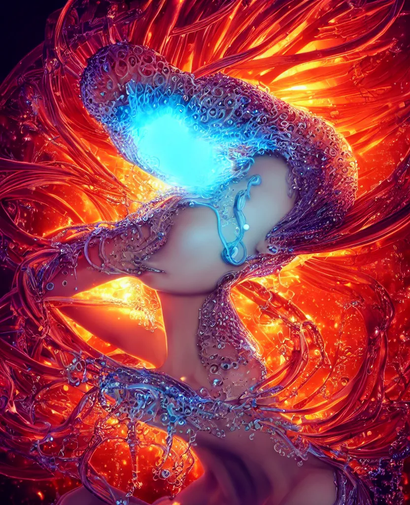 Image similar to close-up macro portrait of the face of a beautiful princess, epic angle and pose, symmetrical artwork, 3d with depth of field, blurred background, cybernetic jellyfish phoenix bird, translucent, nautilus, energy flows of water and fire. a highly detailed epic cinematic concept art CG render. made in Maya, Blender and Photoshop, octane render, excellent composition, cinematic dystopian brutalist atmosphere, dynamic dramatic cinematic lighting, aesthetic, very inspirational, arthouse. y Greg Rutkowski, Ilya Kuvshinov, WLOP, Stanley Artgerm Lau, Ruan Jia and Fenghua Zhong