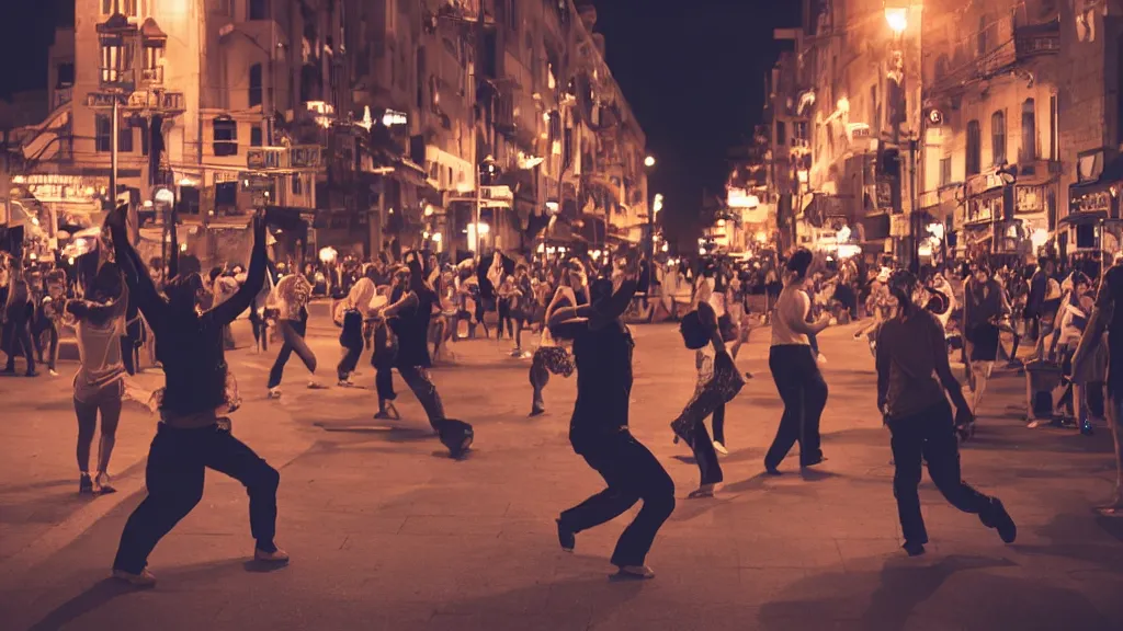 Prompt: people dancing in the street, at night, cinematic, backlight