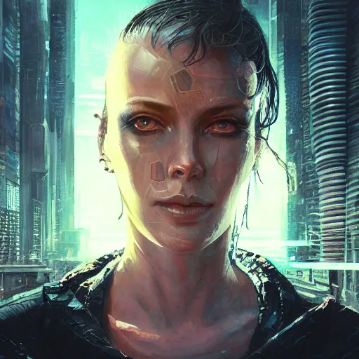 Prompt: neuromancer, closeup portrait of a young beautiful cyberpunk woman, eye implants, sunset, cyberpunk city background, megacity, gorgeous view, depth, painted by seb mckinnon, high detail, digital art, painted by greg rutkowski, trending on artstation