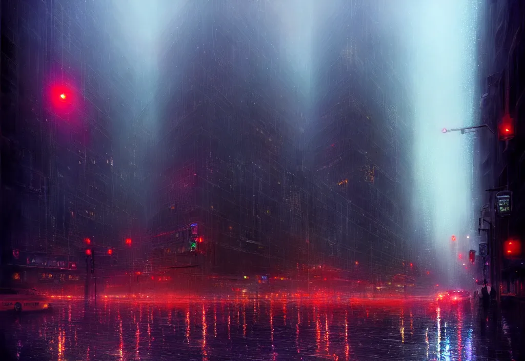 Image similar to top digital painting of rainy downtown toronto at night. intense colourful foggy atmosphere and intricate reflective complex tall buildings. thorough details, intricate, artstation, atmosphere, highly detailed, craig mullins, james jean, digital painting, deviantart, cinematic lighting, busy!!!