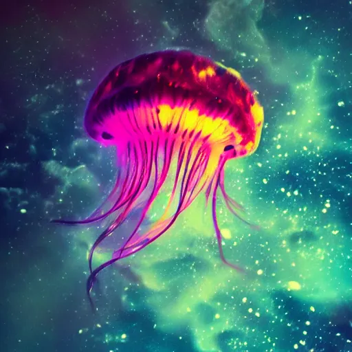 Image similar to psychedelic lions mane jellyfish swimming through space, colorful, nebula, concept art, universe, cinematic, 8 k,