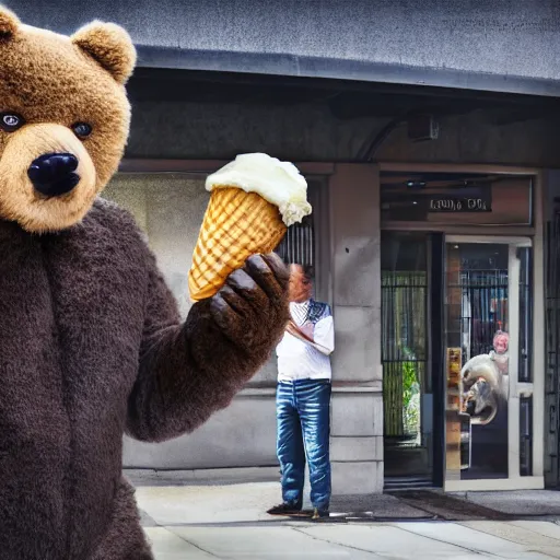 Prompt: a creepy man in a furry bear suit spying on Barack Obama eating a ice cream cone made of cheese, 35mm stock, highly detailed, HDR, ray tracing