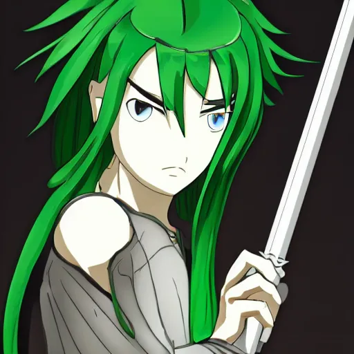 Image similar to swordsman, anime style, green hair, dark, animated, animation, detailed, illustration, moody