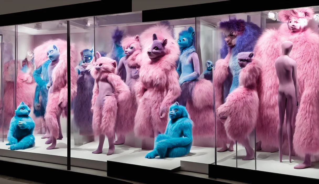 Image similar to diorama windowstore vitrine at the american museum of natural history, new york, of very realistic dissected in furry pink and blue and iridiscent teletubbies as furry animals, photography portrait aesthetic by guy bourdin, museum artifact