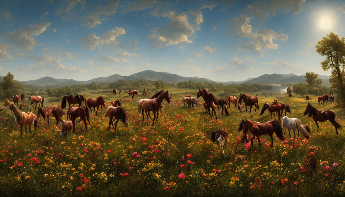 Image similar to An epic fantastic realism comic book style painting of the most beautiful flowers covering a herd of wild horses, fisheye lens, painted by the Hudson River school, unreal 5, DAZ, hyperrealistic, octane render, dynamic lighting