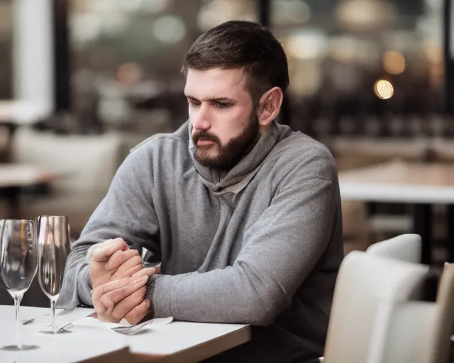 Image similar to 8 5 mm photography of a depressed guy at a restaurant. highly detailed 8 k. intricate. lifelike. soft diffused light. nikon d 8 5 0.