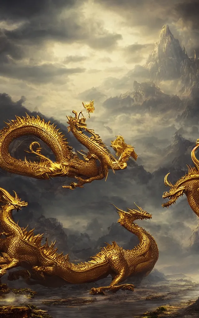 Image similar to a matte painting depicting a golden dragon, epic, legendary, cinematic composition, stunning atmosphere