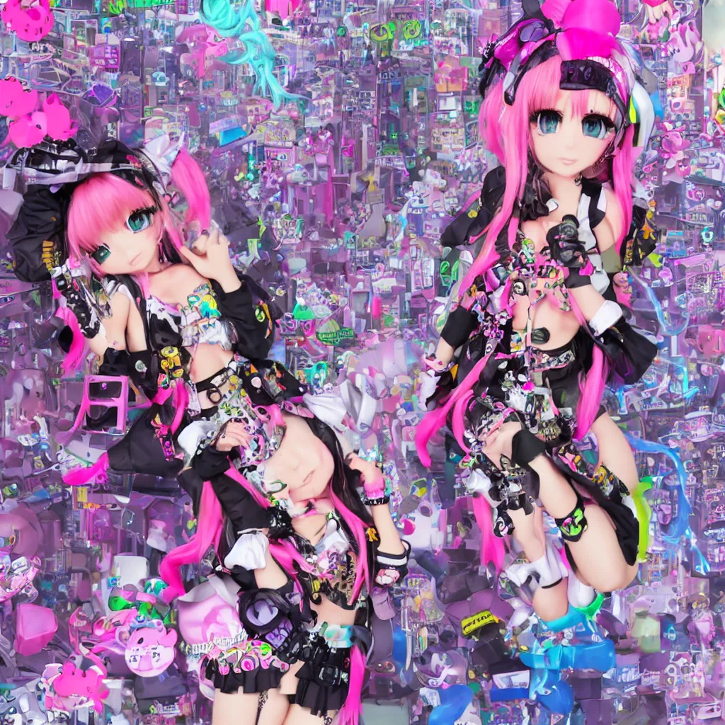 Image similar to 3 d anime render of a decora gyaru kawaii cybergoth emo fashion model vtuber, in a cyberpunk blade runner maximalist city of my melody sanrio plushies, artstation cgsociety