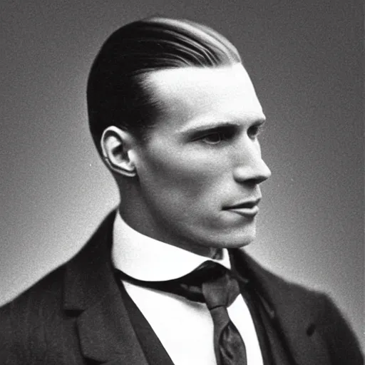 Image similar to A photograph portrait of Jerma985 with slicked back hair in the early 1900s, taken in the early 1900s, grainy, taken on a early 1900s Kodak Camera, realistic, hyperrealistic, very realistic, highly detailed, very detailed, extremely detailed, detailed, digital art, trending on artstation