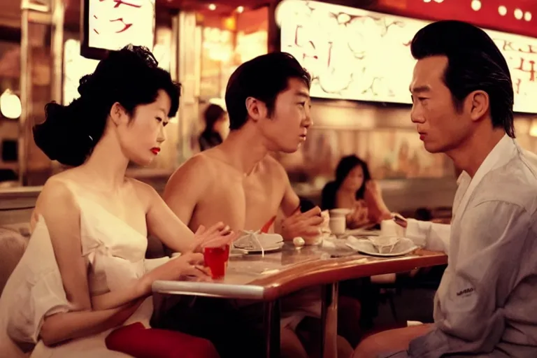 Image similar to movie interior closeup beautiful Japanese models couple closeup sitting and at 50s diner, night in the city, beautiful skin, by Emmanuel Lubezki