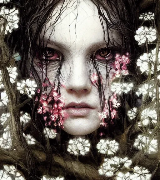 Prompt: a beautiful terrifying but sad female portrait black eyes twisted trees, crying tears, butterfly, blooming made of flowers. ethereal horror fantasy art by greg rutkowski and raymond swanland and monet