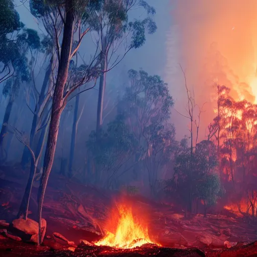 Image similar to Prime Minister Scott Morrison in front of a forest fire, not holding a hose, smoke, , cinematic, hyper realism, high detail, vivid colors, octane render, unreal engine, 8k, koala bear in tree