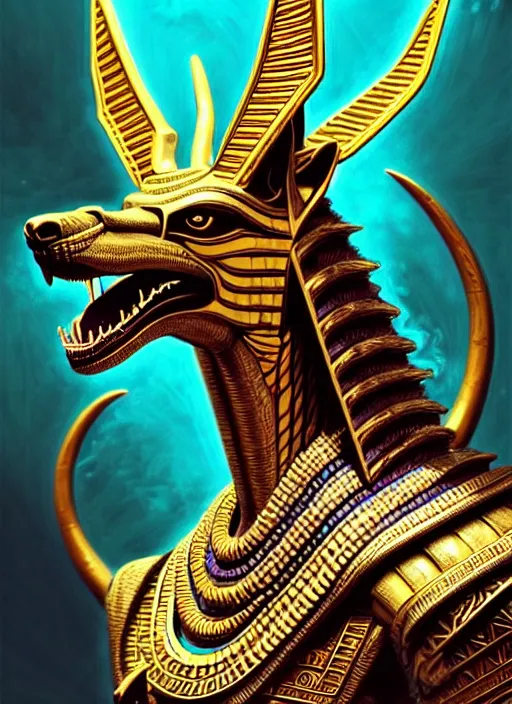 Image similar to enraged god anubis, snarling jackal with egyptian pharaoh headdress, ornate art nouveau botanicals, cyan and gold palette, fantasy, intricate, elegant, highly detailed, colorful, vivid color, digital painting, artstation, concept art, art by artgerm and greg rutkowski and ruan jia,