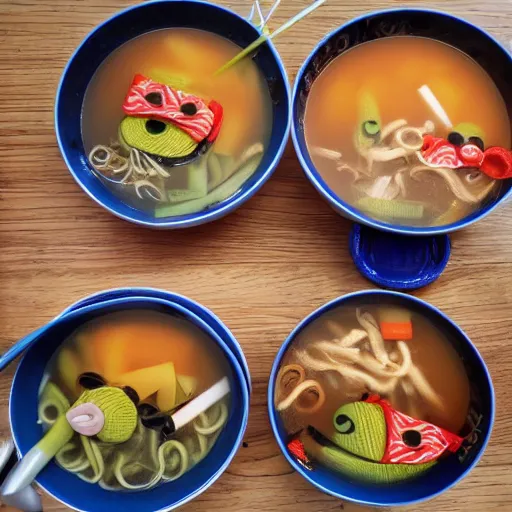 Prompt: muppets swimming in noodle soup