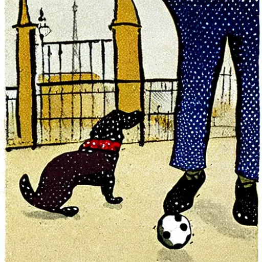 Image similar to book illustration of a french boy on the streets of paris playing football against a corgi, the dog is wearing a polka dot scarf, 1 9 6 6