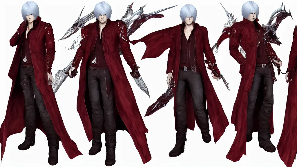 Prompt: devil may cry long haired son of sparda character design sheet, trending on artstation
