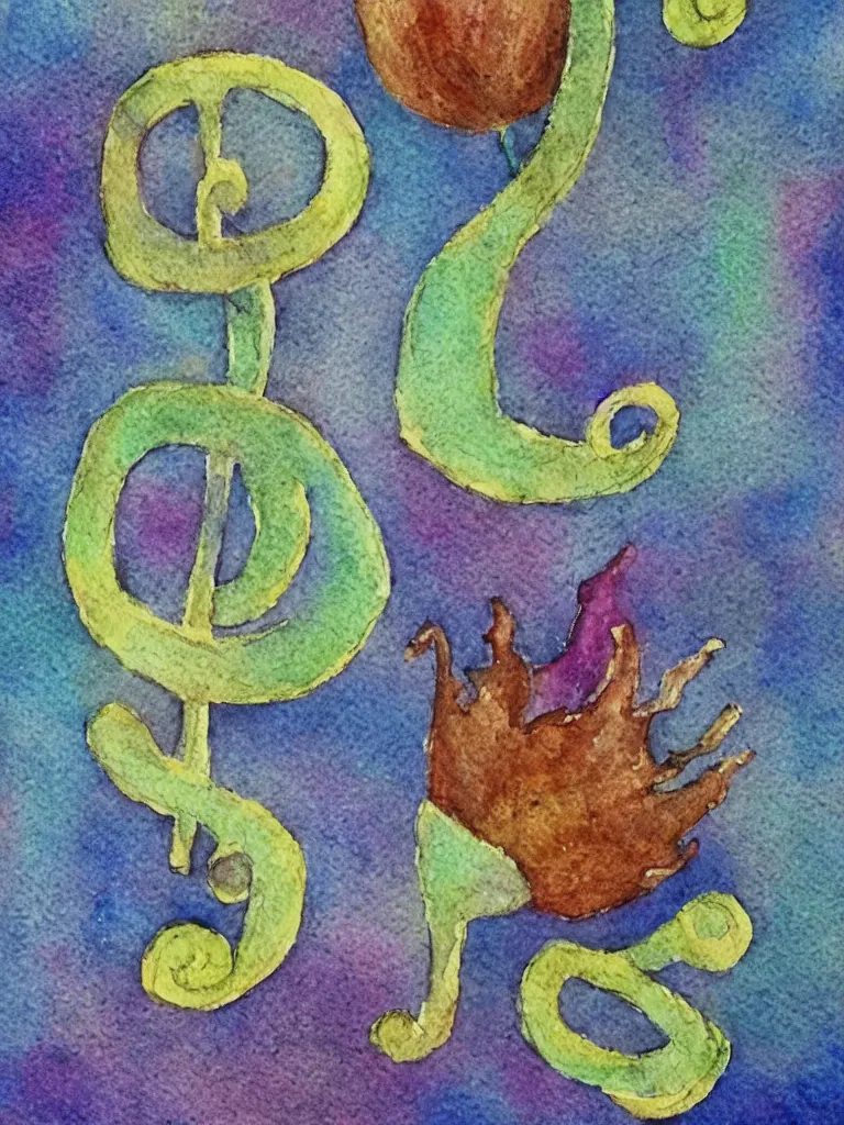 Prompt: a watercolor painting of an acorn that turns into a tree in the shape of a treble clef with some light and dark effects, playful and carefree