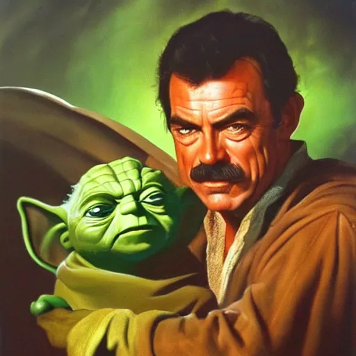 Image similar to ultra realistic portrait painting of tom selleck as yoda, art by frank frazetta, 4 k, ultra realistic, highly detailed, epic lighting