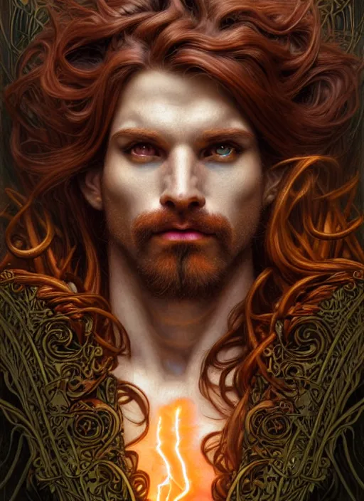 Image similar to portrait of demigod hercules, long wavy auburn hair, wild boar hide, glowing eyes, volumetric lights, forest, art nouveau botanicals, gothic, intricate, highly detailed, digital painting, artstation, concept art, smooth, sharp focus, symmetric face, illustration, steampunk, art by artgerm and greg rutkowski and alphonse mucha