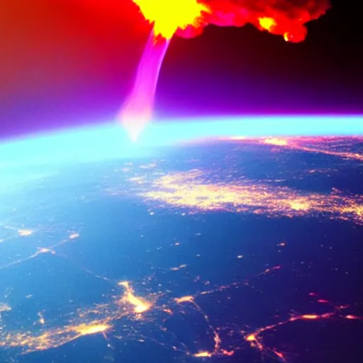 Prompt: nuclear explosion from space, neon lights, fire