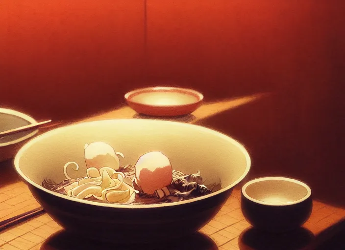 Image similar to a film still portrait of a bowl with sukiyaki, finely detailed features, closeup at the food, perfect art, at a dinner table, gapmoe yandere grimdark, trending on pixiv fanbox, painted by greg rutkowski makoto shinkai takashi takeuchi studio ghibli, akihiko yoshida