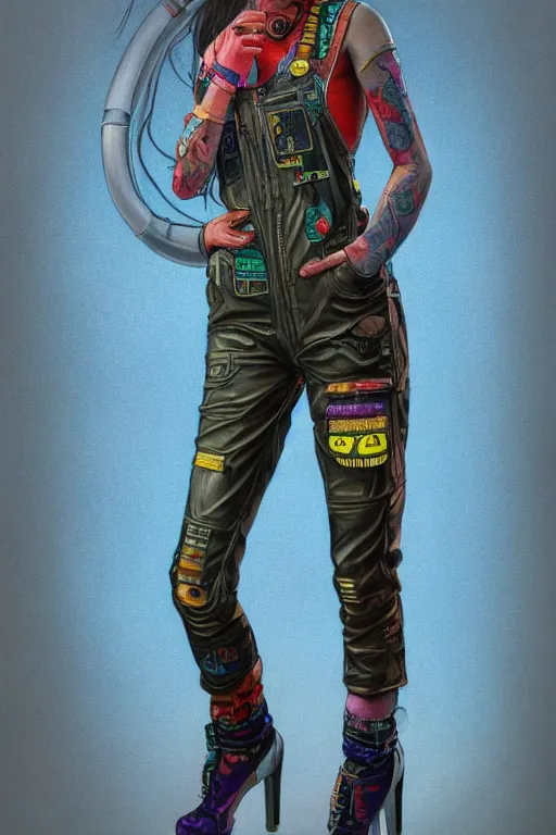 Image similar to a full body illustration of an Asian female cyberpunk character wearing dungarees, highly detailed, oil on canvas, soft lighting, neon pastel colors, by Glenn Fabry, HD, 4K