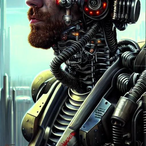 Image similar to ultra realist intricate detailed pin - up painting of a single rugged cyborg male, bearded face and cyborg tech on body and legs, symmetry accurate features, cyberpunk, industrial, apocalyptic, very intricate details, focus, high resolution, 8 k resolution, dramatic lighting, artstyle vincent di fate and alex ries, award winning