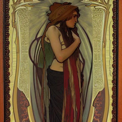 Image similar to a beautiful female necromancer raising the dead by alphonse mucha by jules joseph lefebvre