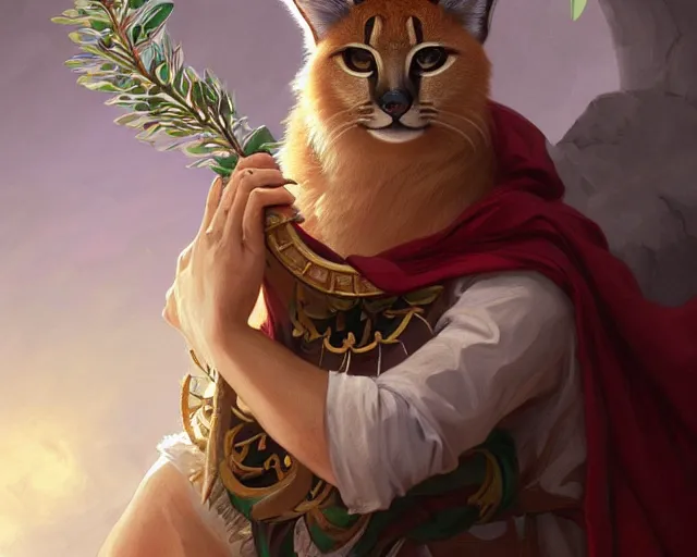 Prompt: a cute caracal wearing laurel wreath and a toga, photography of kurzgesagt, deep focus, d & d, fantasy, intricate, elegant, highly detailed, digital painting, artstation, concept art, matte, sharp focus, illustration, hearthstone, art by artgerm and greg rutkowski and alphonse mucha