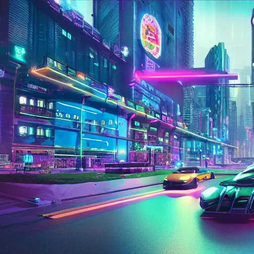 Image similar to Neon cyberpunk cityscape of Toronto with flying cars and advertisement screens, Blender 3D, Unreal Engine, 8k, by Jordan Grimmer and Andrea Pozzo