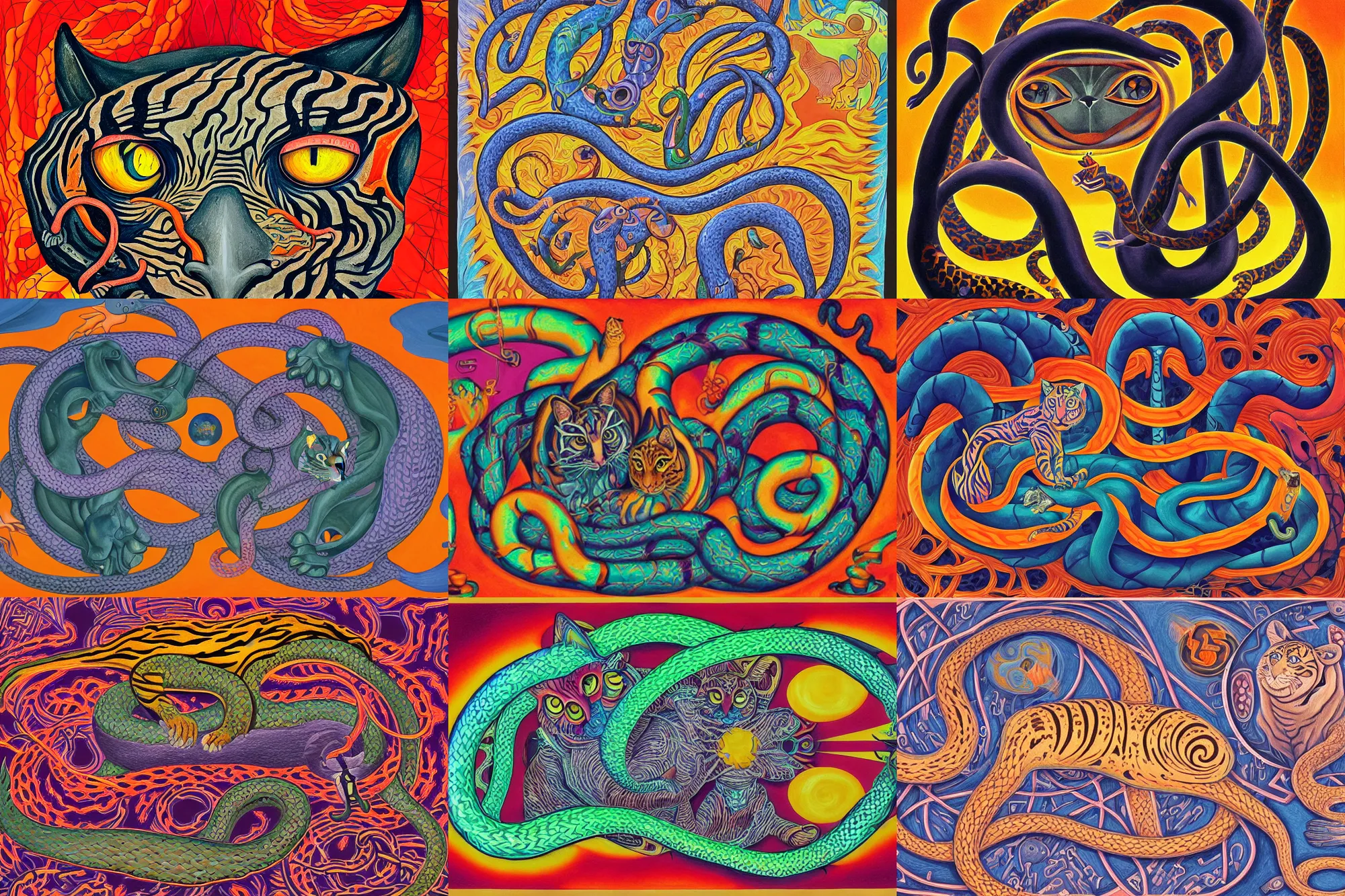 Prompt: a detailed gouache painting of a magick cat occult effigy tiger that is a crescent shaped cat atomic latent snakes in between autobiological cybernetic resurgence of snake phonkadelic inspirations in the style of escher, alex grey, kubrick inspired by surrealism, symbolism, and dark fantasy