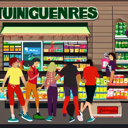 Image similar to teens visiting groceries store artwork by ztoon zt 0 0 n