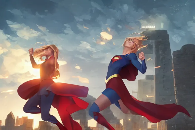 Prompt: supergirl punching through a brick wall, single subject, scenic full shot, ambient lighting, detailed face, by makoto shinkai, stanley artgerm lau, wlop, rossdraws