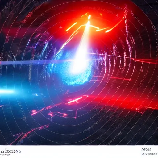 Image similar to giant group bodies, smoke lasers, darkness, from behind, wide angle, elaborate, smoke, red dot, orange line, blue mist, highly detailed, beautiful lighting