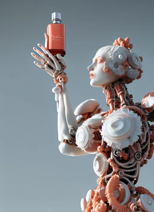 Prompt: biomechanical marble statue with porcelain skin coral and daisies carrying a bottle of perfume, up close shot, sharp focus, global illumination, radiant light, alexandre ferra white mecha, irakli nadar, octane highly render, 4 k, ultra hd,