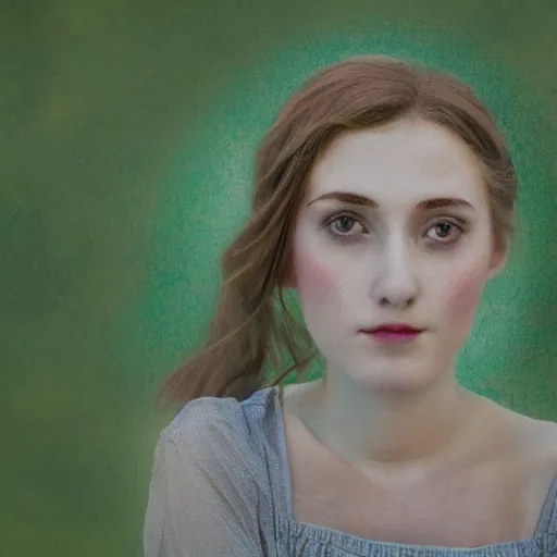 Prompt: headshot of a young woman sitting on a bench half turned to the viewer, tired face, almost smiling, young , long dress, Pre-Raphaelite, 4k, cinematic, trending on art station, waiting, green and red shades