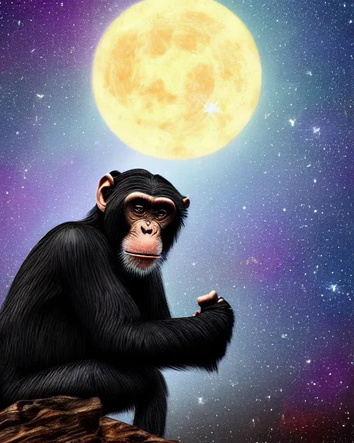 Image similar to very detailed high resolution illustration of a chimpanzee, backlit, stars, night, surrounded, 3 d, 8 k, extremely detailed, artstation, award winning