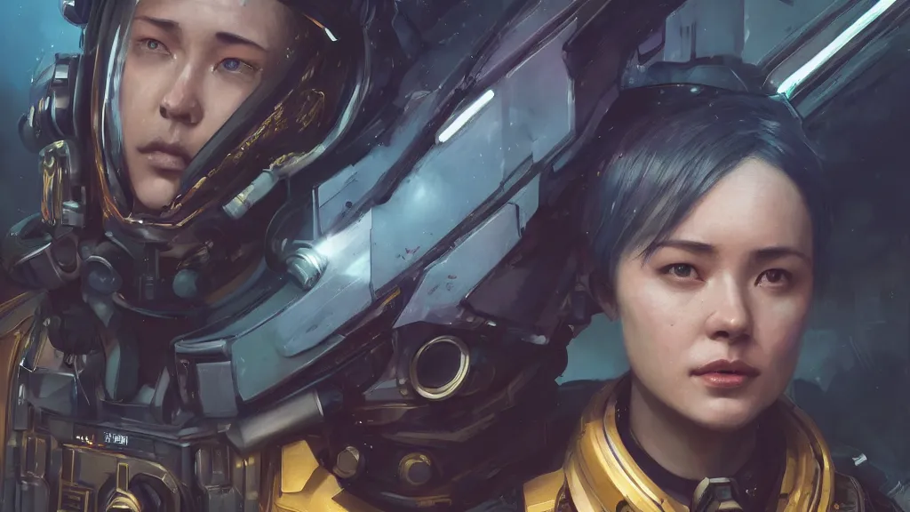 Image similar to a hyper realistic character concept art of a cyberpunk space force captain, half body, front facing camera, 4 k rendered in octane, trending in artstation, cgsociety, 4 k post - processing highly detailed by wlop, junji murakami, mucha klimt, sharandula, hiroshi yoshida, artgerm, craig mullins, dramatic, moody cinematic lighting