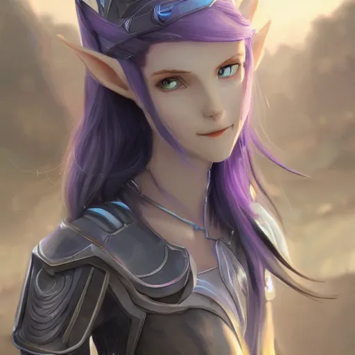 Image similar to an elf girl with pale grey skin with blues and long purple hair, wearing armor, highly detailed, digital painting, artstation, matte, by makoto shinkai, animation style