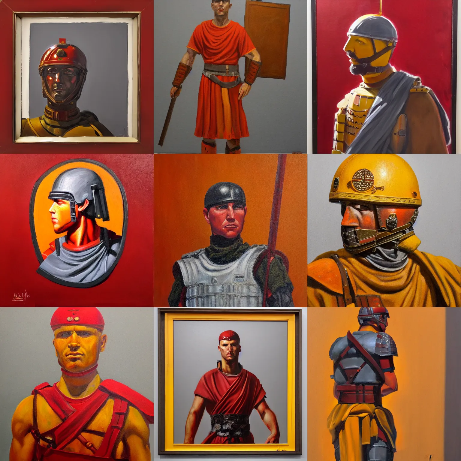 Prompt: painting of 2 0 1 9 roman legionary, ballistic, american realist style, figurative art, versimlitude, overhead lighting, venetian red, yellow ochre, payne's grey