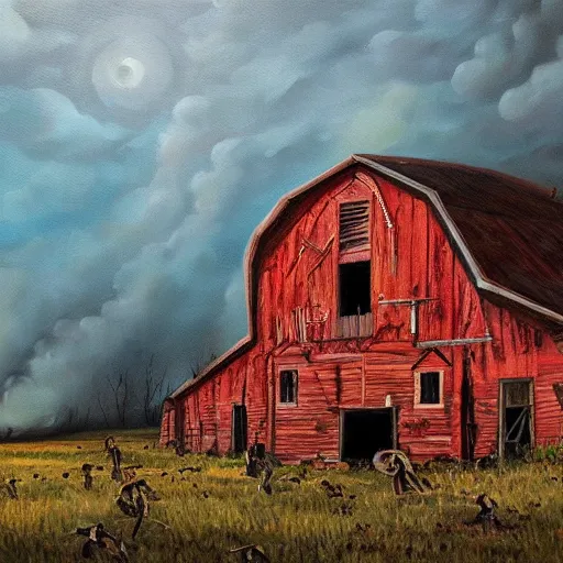 Image similar to burning barn with zombies 4k oil painting