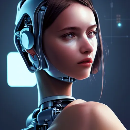 Image similar to portrait of beautiful girl with robot body, close up, portrait, cinematic, elegant, artstation, intricate, highly detailed, digital painting, artstation, concept art, sharp focus, illustration, cyberpunk, cgsociety, 8 k